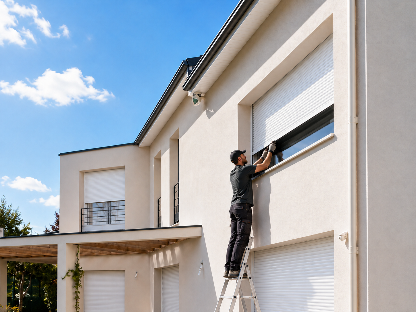 Technicien réparant un volet roulant